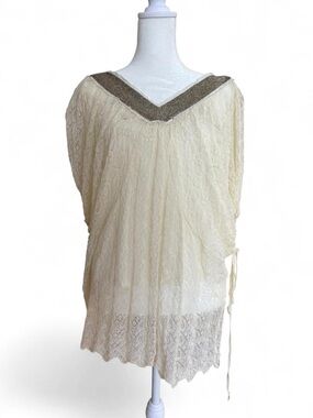 Anthropologie Cream Lace Blouse with Metallic Trim
